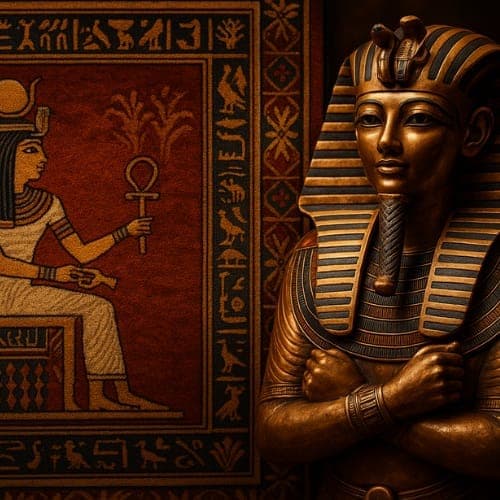 Ancient Egyptian rug featuring hieroglyphic patterns and pharaonic symbols